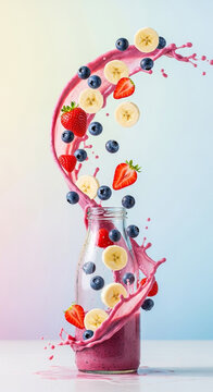 Artistic 3D design of a fruit beverage bottle on a pastel gradient background