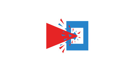 Dynamic Impact Logo: Red Projectile Shattering Blue Barrier, Conceptual Vector Illustration of Breakthrough and Success