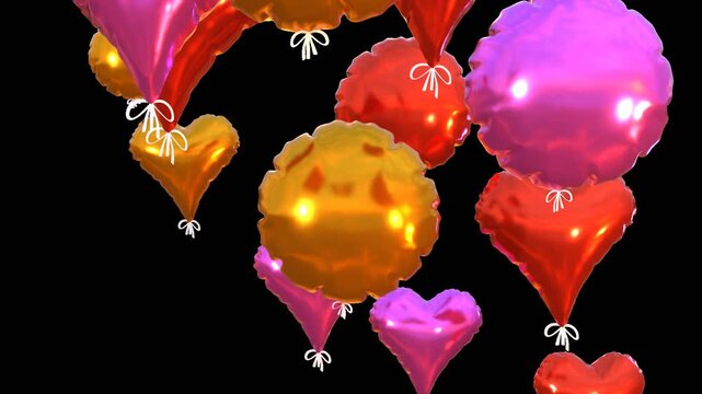 3d animation of heart shaped and round balloons flying upwards, birthday or holiday celebration concept. Video with alpha channel