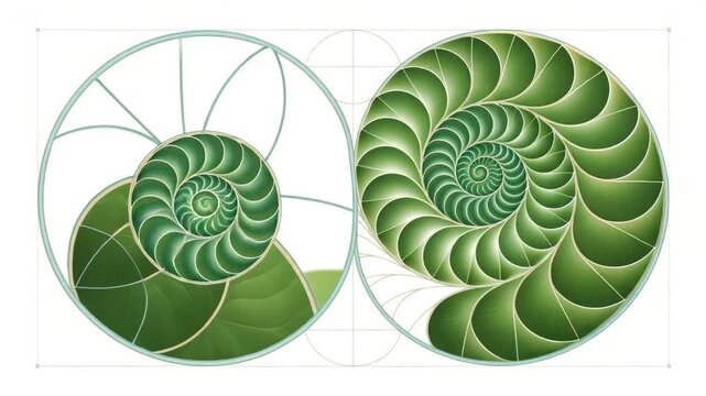 Nautilus Shell Fibonacci Spiral Growth Sequence Green Leaf Detail Stock Media