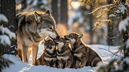 Naklejka premium Wolf Family in Snowy Forest Landscape.