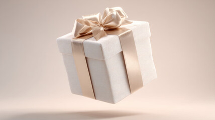 Fototapeta premium A gift box with a golden bow floating in air, copy space.