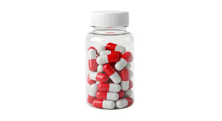 A bottle of assorted red and white capsules on a black background
