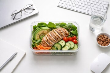 Top view of a nutritious meal prep container filled with grilled chicken, avocado, greens, and vegetables on a modern office desk, perfect for wellness and productivity themes.