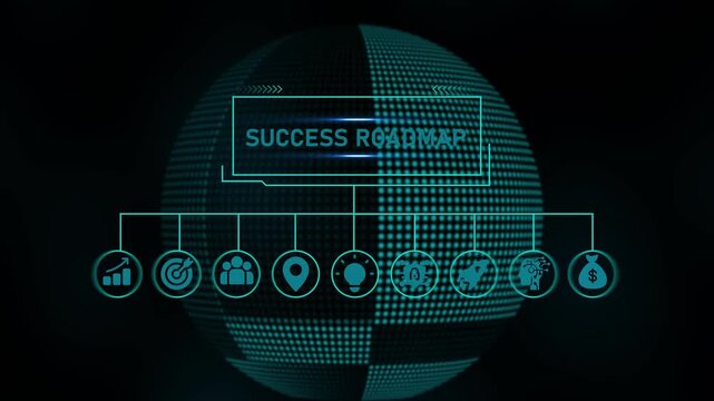 Futuristic Business Infographic on Dark Background with Glowing Teal and Grid Sphere with success roadmap.