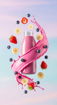 Dynamic juice splash wrapping around a smoothie bottle with berries