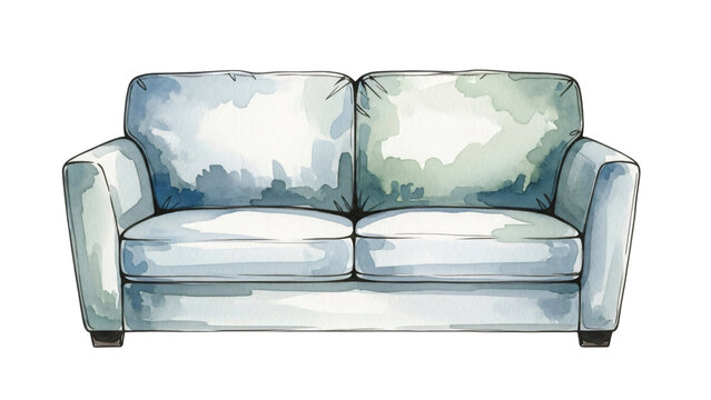 Blue couch with watercolor paint strokes back and the seat upholing couch.