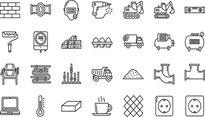 Vector line icon set for construction, heavy industry, building materials, tools, machinery, and engineering, including excavator, pipes, and drill symbols. © Its World