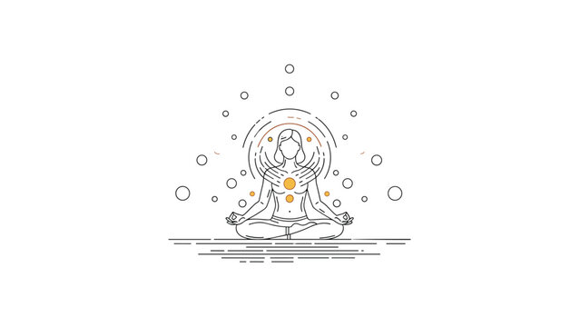 Line art illustration of a person in a lotus yoga pose with glowing chakra points and energy circles, symbolizing meditation and mindfulness.