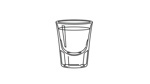 Simple black and white line art drawing of a standard shot glass filled with a clear liquid, representing alcohol, spirits, or a party.