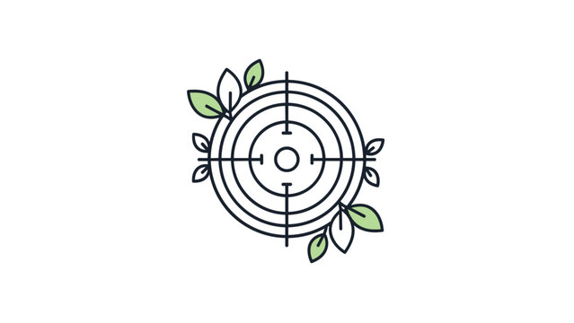 Line art icon of a circular target with green leaves and branches growing on it, symbolizing sustainable and eco-friendly business goals.