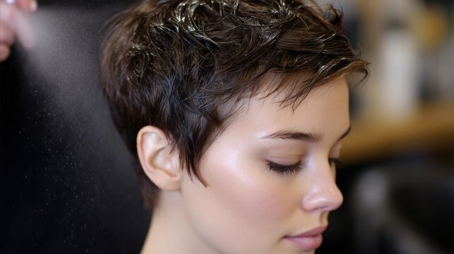 Young woman with short, pixie cut hair. she is sitting in a salon chair with her eyes closed and her head tilted slightly to the side.