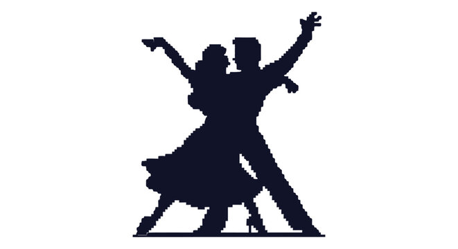 pixelated silhouette of a passionate couple dancing performing an elegant ballroom routine on white evoking rhythm for retro designs.