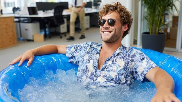 Funny office worker relaxes in a cold ice bath pool inside the workplace during a hot summer day.