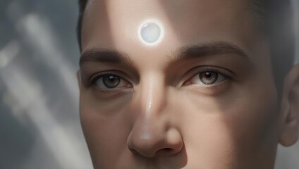 Close-up of woman's face, ethereal glow on forehead