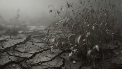 Dried, cracked earth with sparse, delicate plants in a misty environment