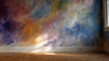 Naklejka premium Empty room with a large abstract painting on the wall. the painting is made up of different shades of blue, pink, orange, and yellow, creating a rainbow-like effect.