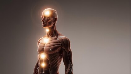3D anatomical model of a human torso, highlighting energy centers