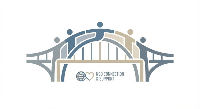 Stylized graphic logo of a bridge formed by interconnected human figures, representing NGO connection, support, and global community.