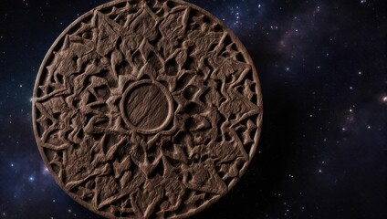 Ornate, circular wooden carving, intricate floral designs, centered sun motif, set against a starry night sky