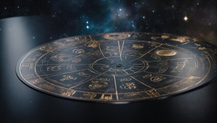 A detailed, ornate, golden-patterned record disc floats in space