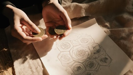 Hands holding coins over a patterned design
