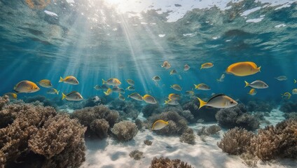 Sunlight streams through underwater coral reef teeming with fish