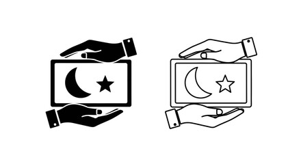 Vector icon set depicting hands holding a tablet with a crescent moon and star, presented in both solid black and outline styles, isolated on a white background.