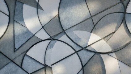 Abstract geometric shapes, light and shadow interplay on layered paper.  Gray and white forms, circles, triangles, and lines create a pattern