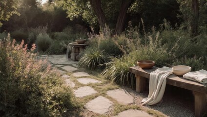 Sun-drenched garden path with stone pavers, wooden bench, and bowls