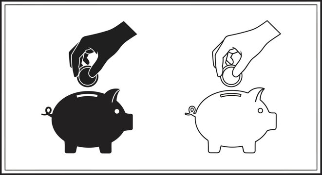 Vector illustration of a hand placing a coin into a piggy bank, presented in both solid black silhouette and outline styles, isolated on a transparent background.