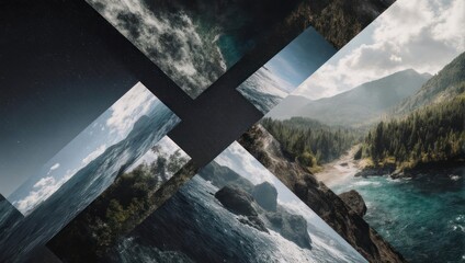 A graphic collage of diverse natural landscapes, featuring contrasting scenes of mountains, oceans, and skies, arranged in an abstract, geometric pattern