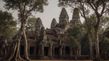 Ancient stone temple, shrouded in mist, surrounded by jungle trees