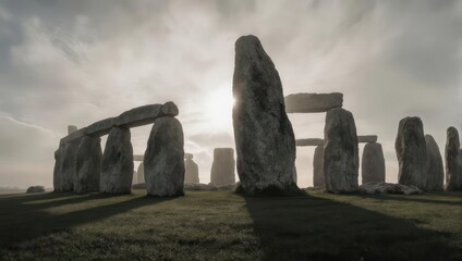 Majestic stone structures in a field, bathed in soft morning light.  Ancient stones, weathered gray, form a circle.  Shadows stretch across the grassy expanse.  Cloudy sky, sun peeking through