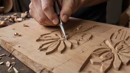 Close-up of wood carving. Hands skillfully carve intricate floral designs into a light-colored wooden plank. Wood shavings are scattered around the work area