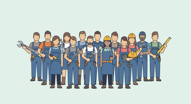 Team of construction workers holding tools and looking at camera industrial professionals group