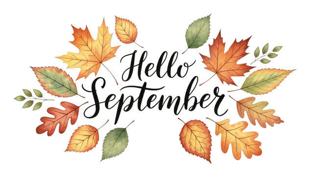 The words hello september are surrounded by colorful autumn leaves and the.