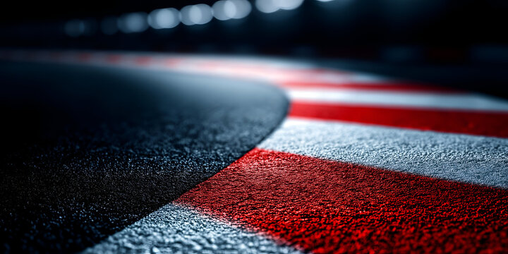 Close-up view of a racetrack corner with red and white curbing, symbolizing speed and precision in competitive racing.
