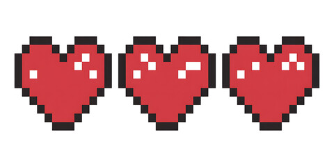 Fototapeta premium Three red pixel art hearts representing full health or lives in a retro video game.