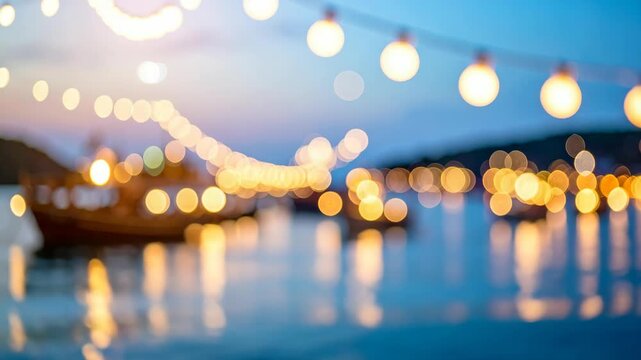 Bokeh string lights illuminate a boat on the water at dusk