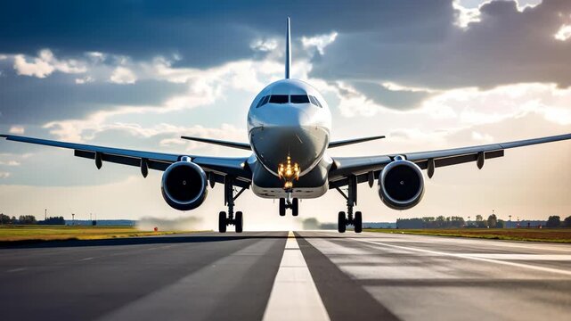 Commercial airplane approaching runway with landing gear deployed and lights illuminated