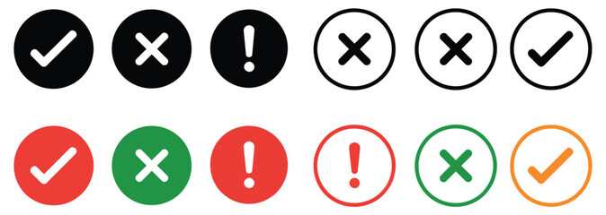Check mark icon button, right wrong checkbox symbols, green success tick, red error cross, confirm reject options, alert exclamation and info icons, modern UI vector illustration.
