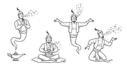 Genie Set: Magical Being Emerging from Lamp, Meditating, and Granting Wishes