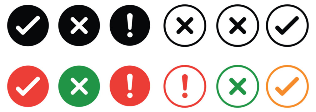 Check mark icon button, right wrong checkbox symbols, green success tick, red error cross, confirm reject options, alert exclamation and info icons, modern UI vector illustration.