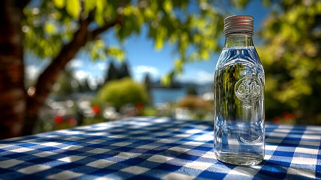 A refreshing clear water bottle rests upon a blue gingham tablecloth outside with a scenic view of nature and bright blue sky in the background.