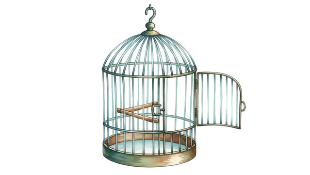 Bird in cage with its wings open and small bird inside the.
