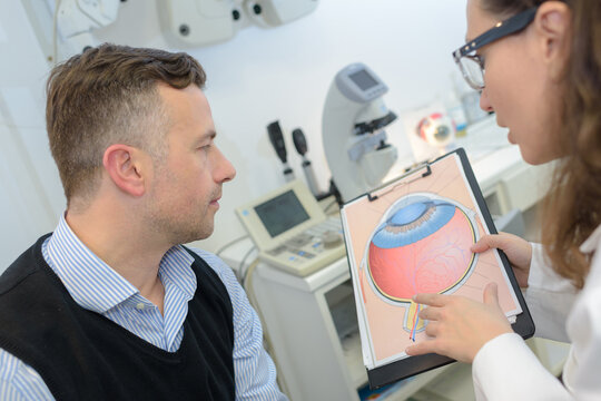 friendly female ophthalmologist explaining pathology to male patient
