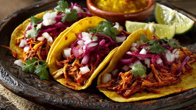 Cochinita pibil tacos with habanero sauce, traditional yucatan mexican street food, close up rustic plate on table background with copy space