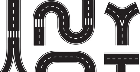 Fototapeta premium City Street Road Seamless Vector Set – Straight, Curved, Crossroad and Roundabout Elements Builder