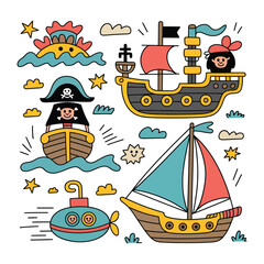 Naklejka premium Pirate's Sea Adventure: Delightful nautical illustration depicts a lively collection of cartoon ships, submarine and elements.